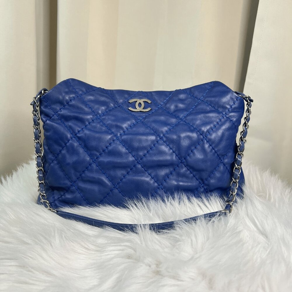 Chanel Hobo Bag Blue Lambskin With Magnetic Closure And Silver Hardware